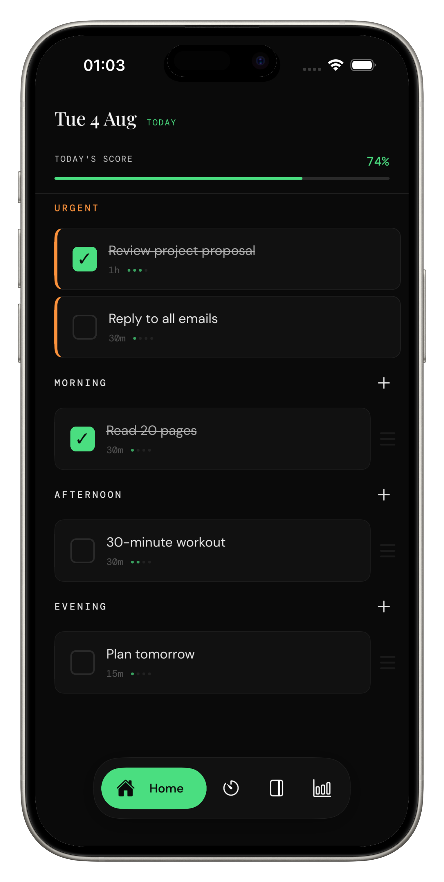 WinRate today's task list, sorted by urgent, morning, afternoon, and evening